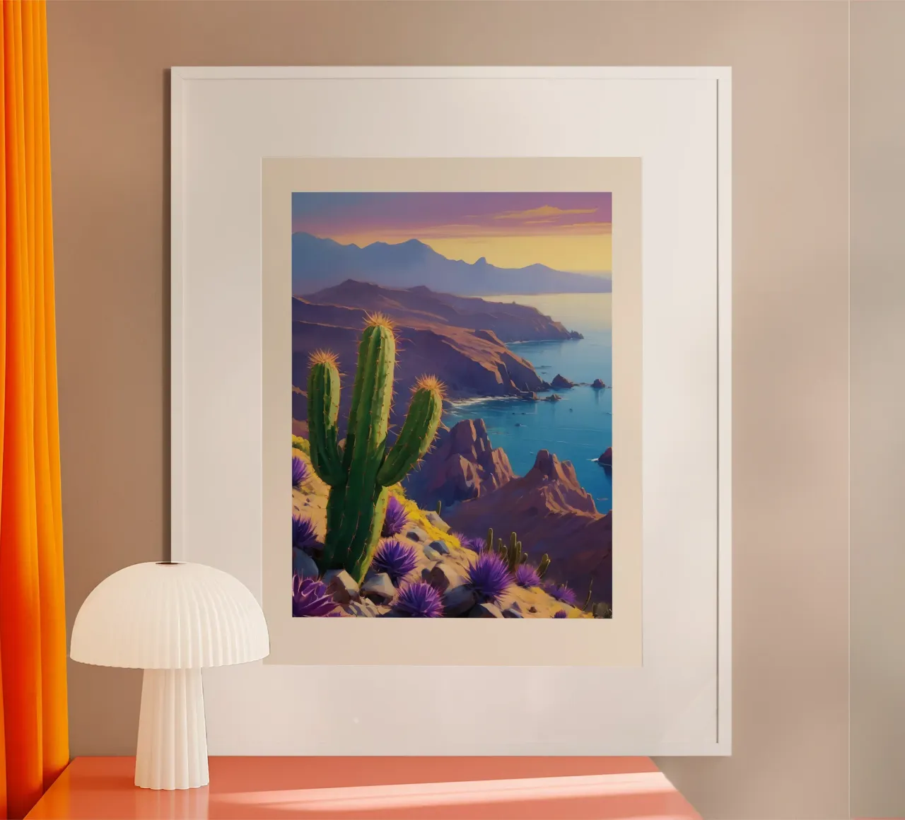 Sunset Over the Cliffs poster con telaio in legno da Indigo Rain