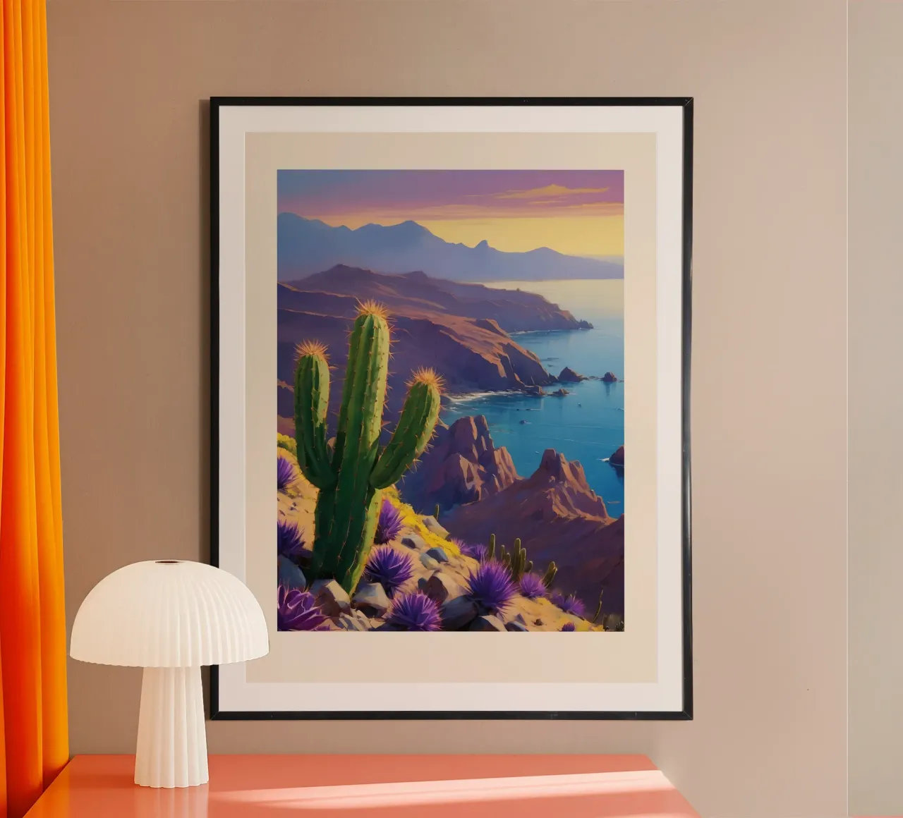 Sunset Over the Cliffs poster con telaio in legno da Indigo Rain