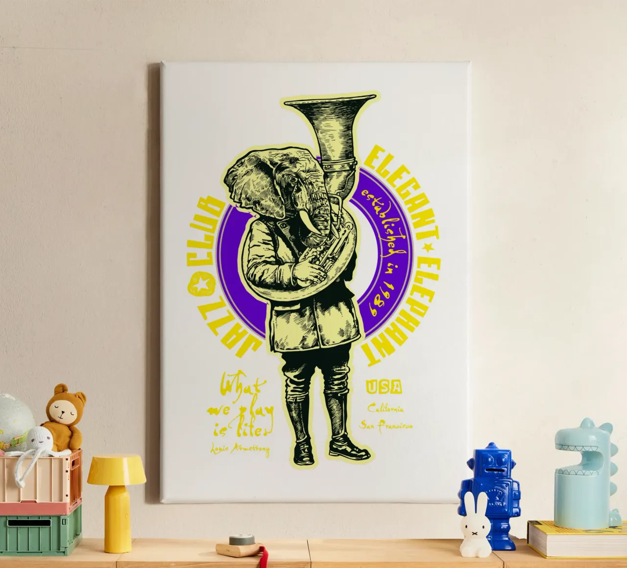 Elegante Elephant Jazz Club Musica tela con Cornice a cassetta da Cute