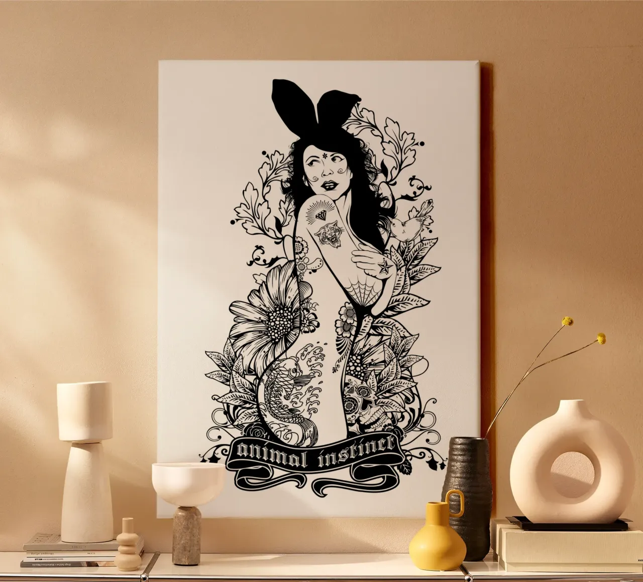 Istinto animale Illustrazione monocromatica tela con Cornice a cassetta da Cute