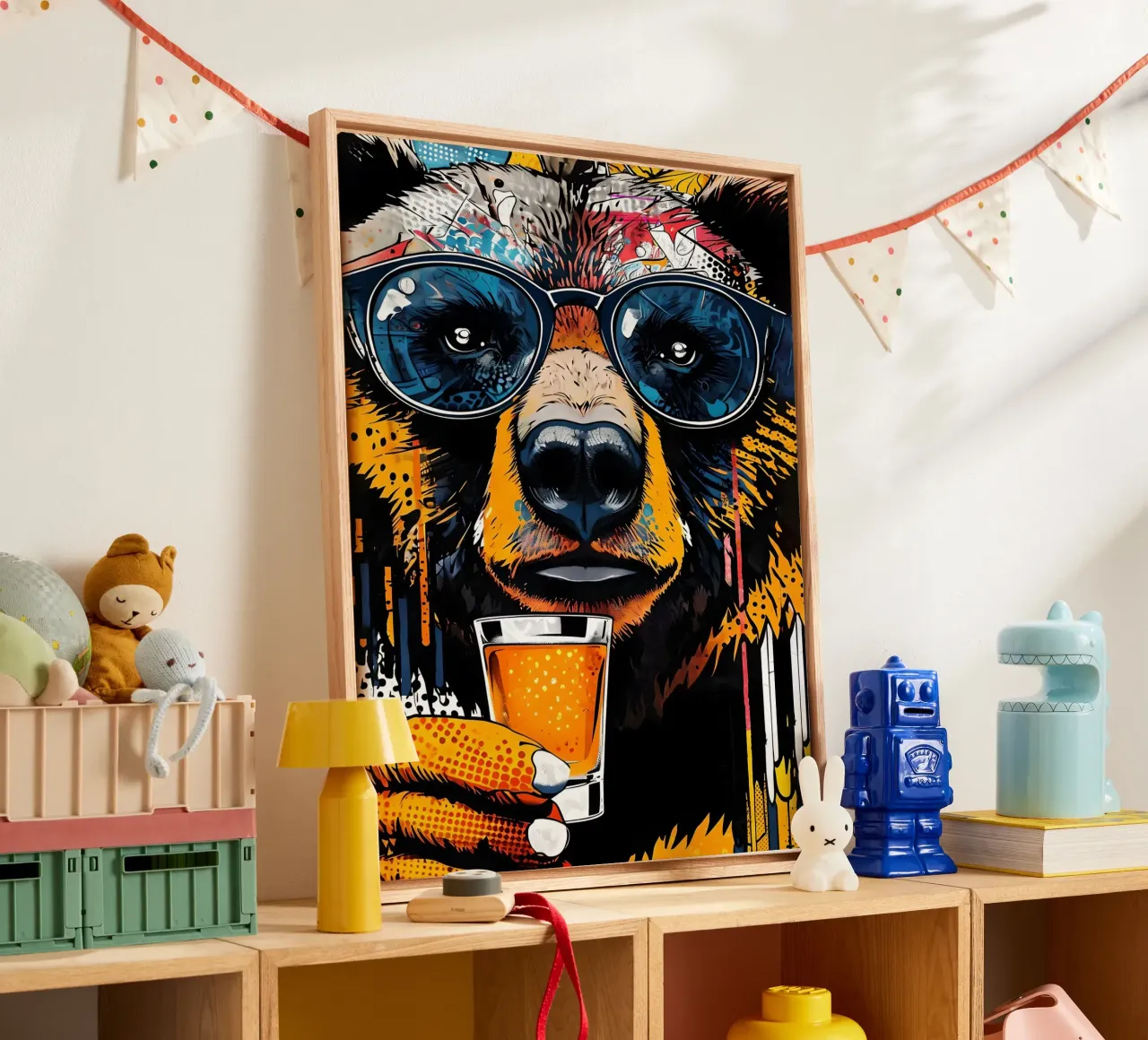 Orso cool con birra Pop Art tela con Cornice a cassetta da 🥝 KIWI STORE