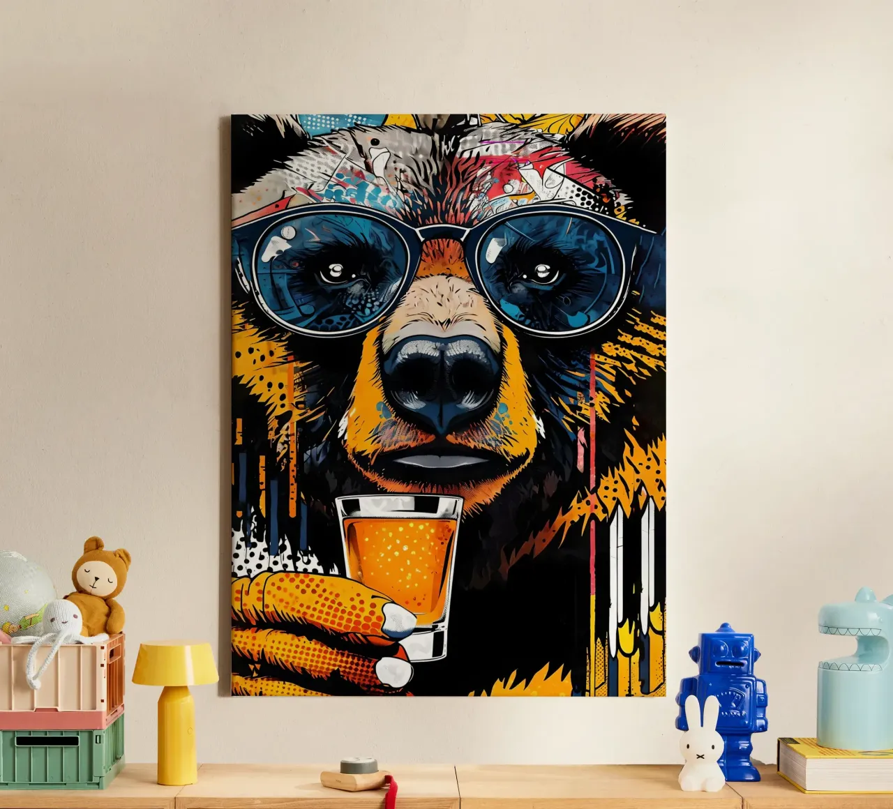 Orso cool con birra Pop Art tela con Cornice a cassetta da 🥝 KIWI STORE