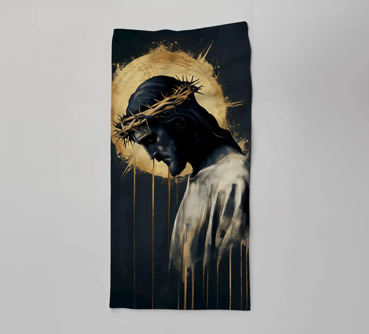 Jezus gekroond met doornen, heilige gouden aureool badhanddoek van Plain Thoughts