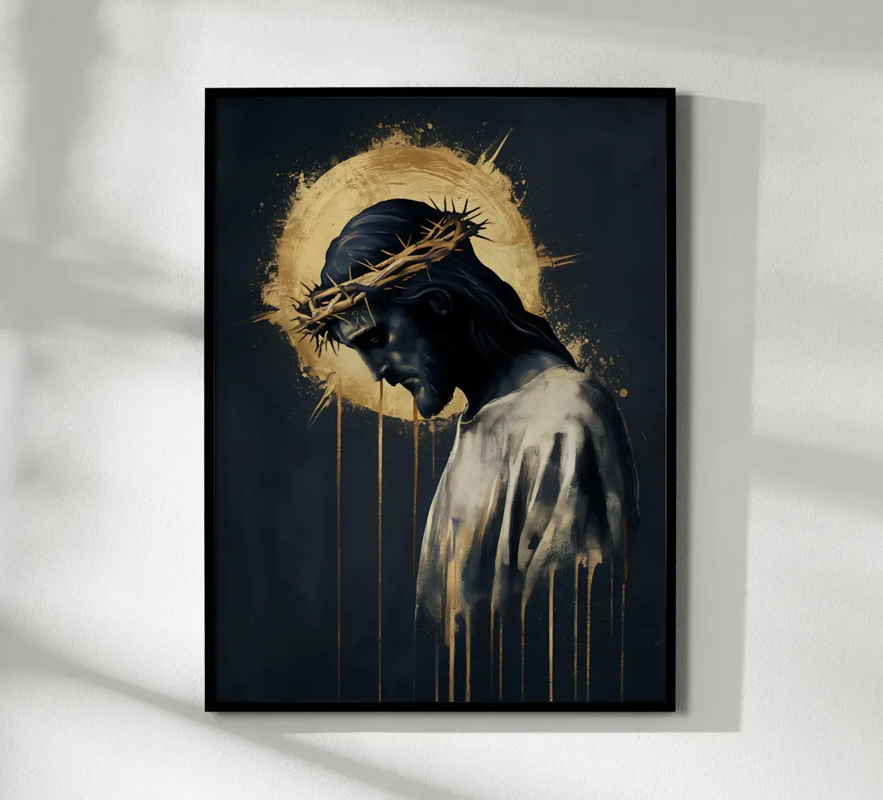 Jesus crowned with thorns, sacred golden halo poster with wooden frame by Plain Thoughts