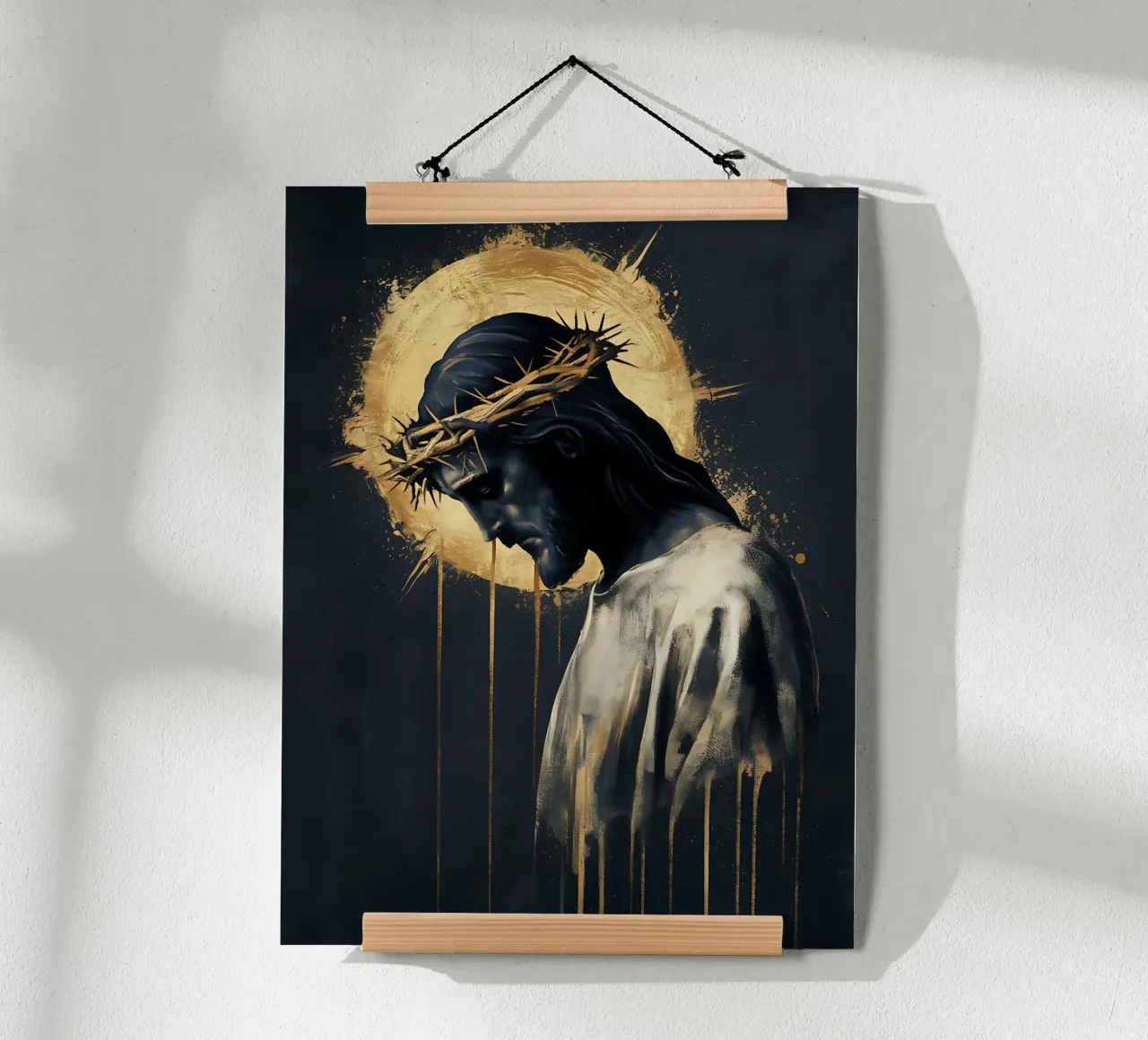 Jesus crowned with thorns, sacred golden halo poster with wooden frame by Plain Thoughts