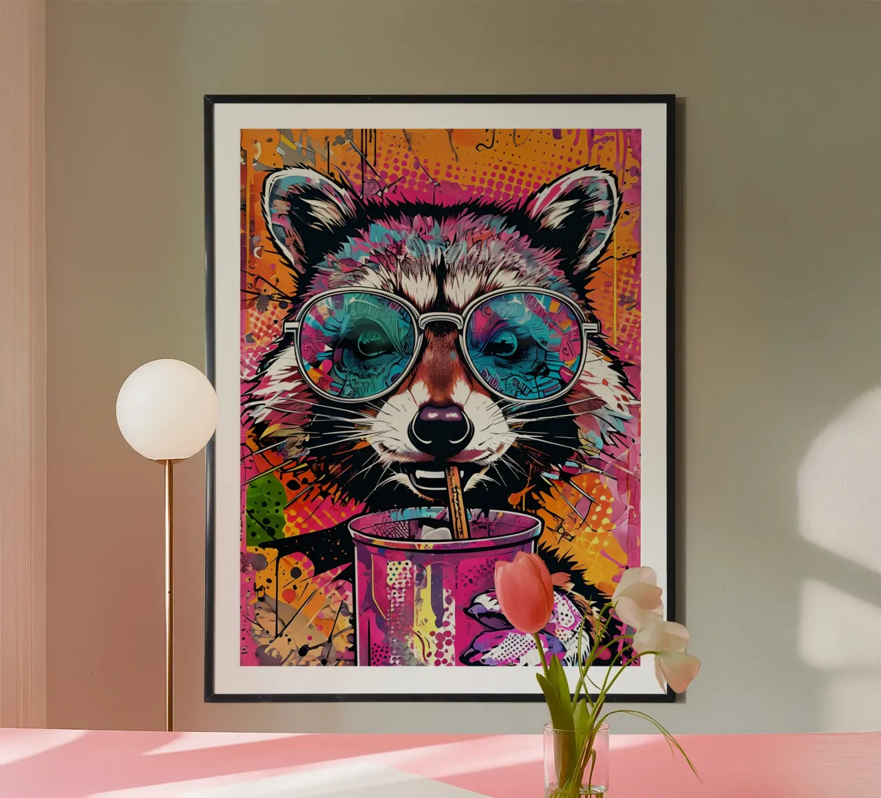 Procione cool con occhiali da sole e bevanda carta hahnemühle da 🥝 KIWI STORE
