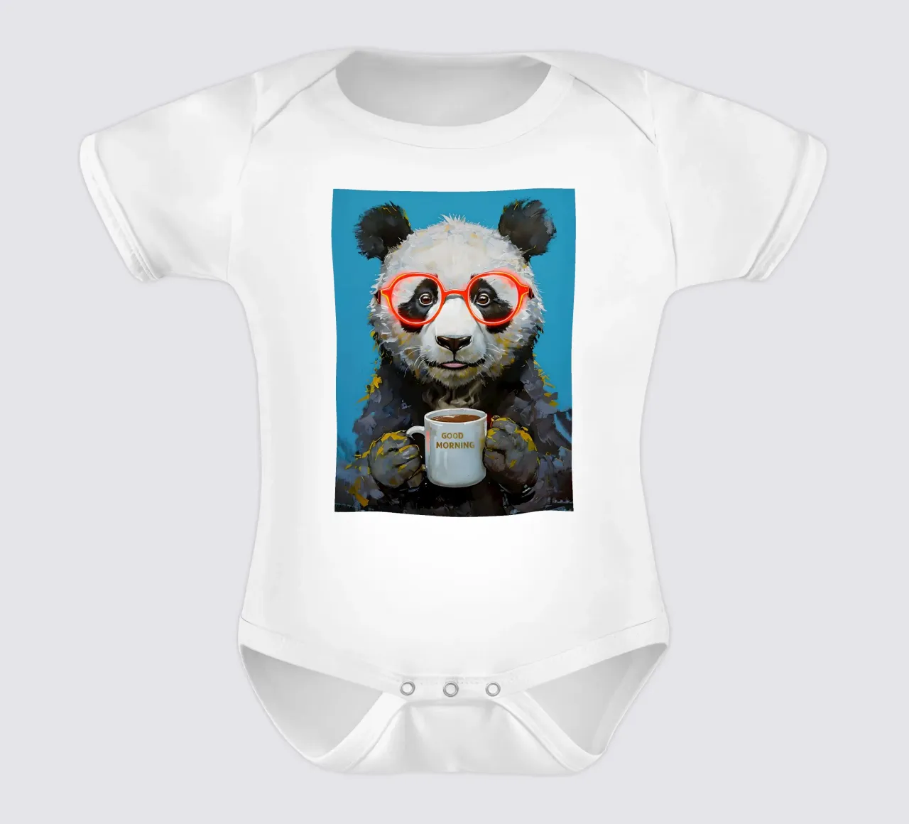 Panda bear painting with coffee cup short-sleeve baby romper by 🥝 KIWI STORE