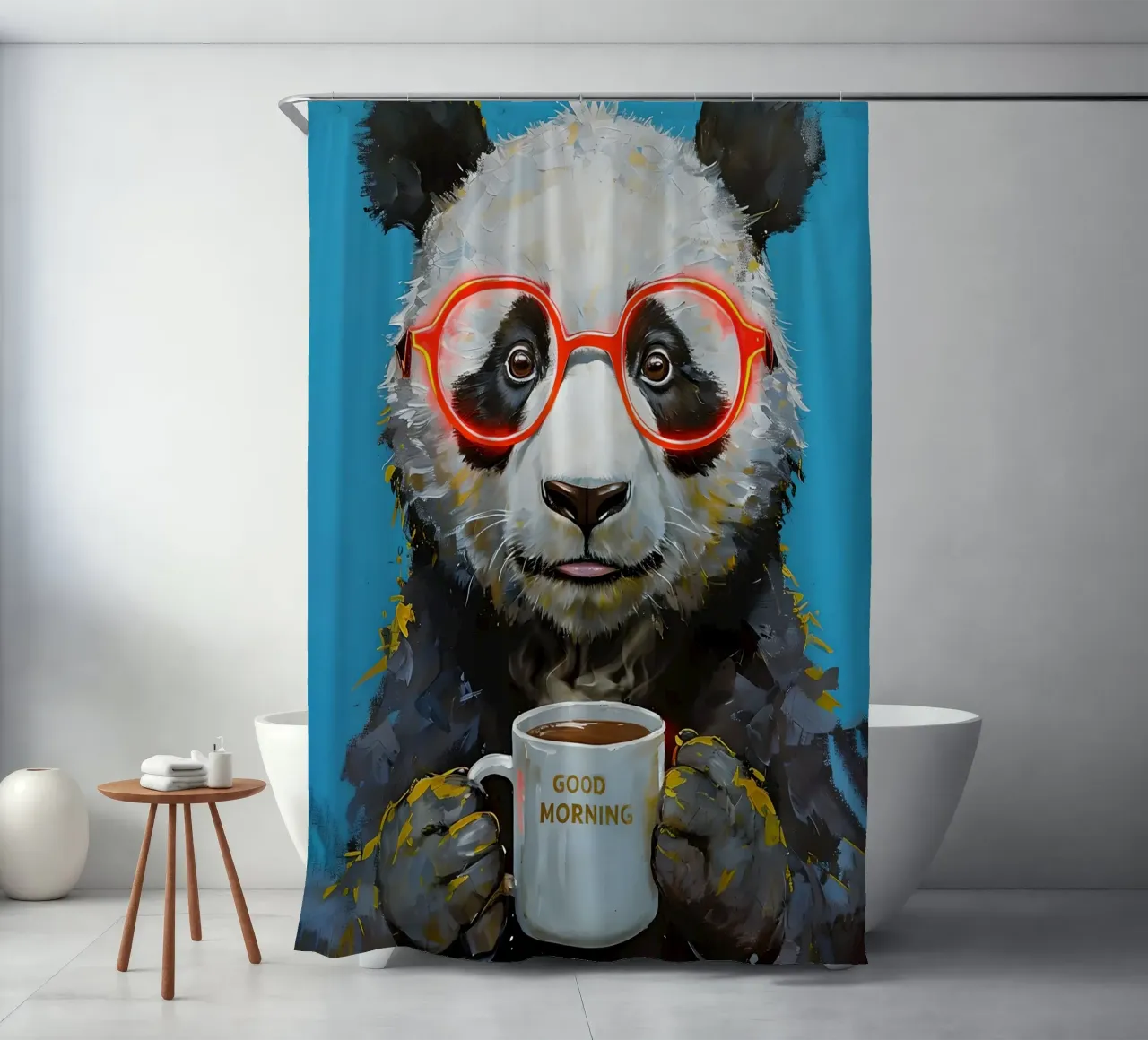 Panda bear painting with coffee cup shower curtain by 🥝 KIWI STORE