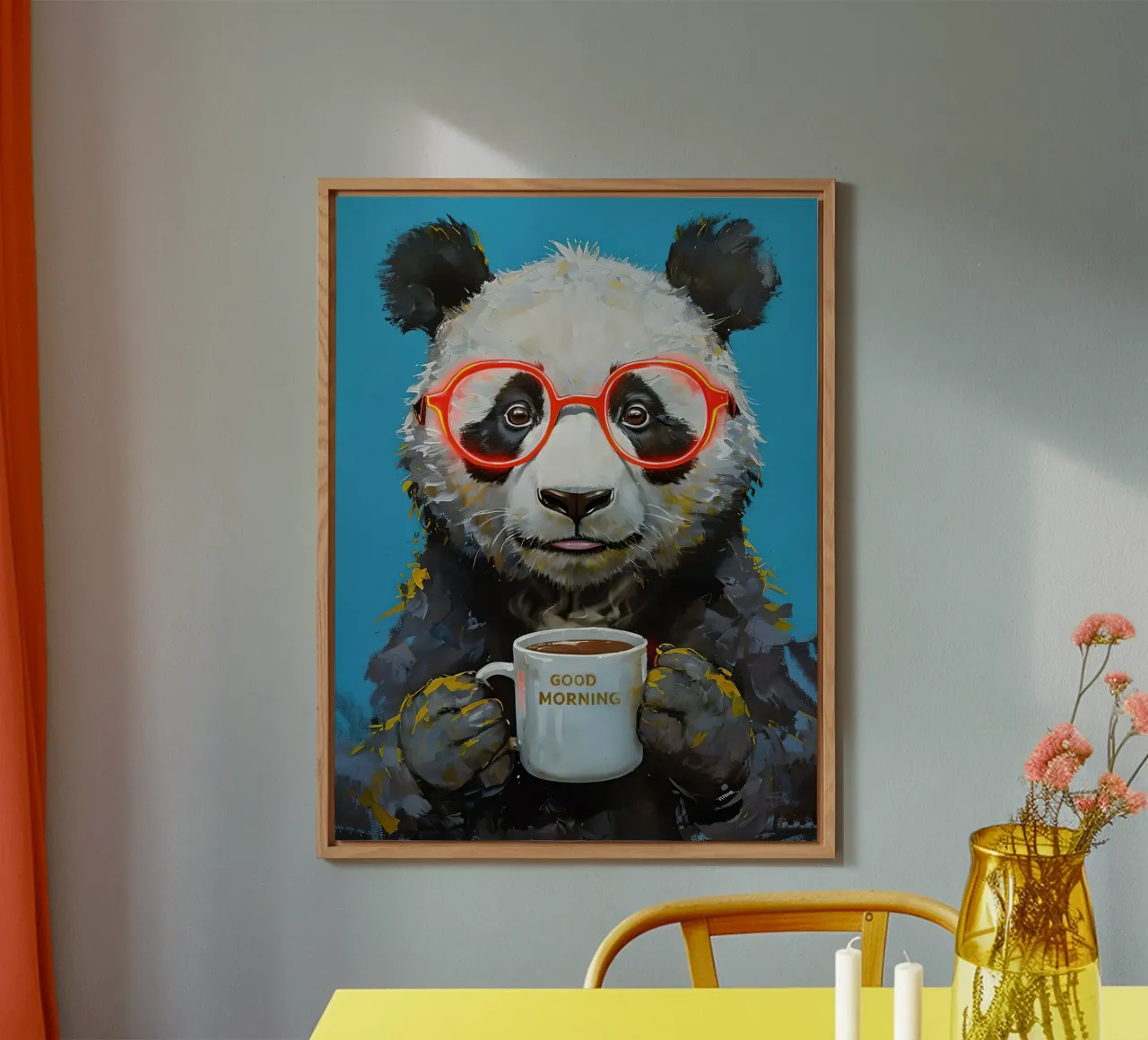 Panda bear painting with coffee cup alu-dibond by 🥝 KIWI STORE
