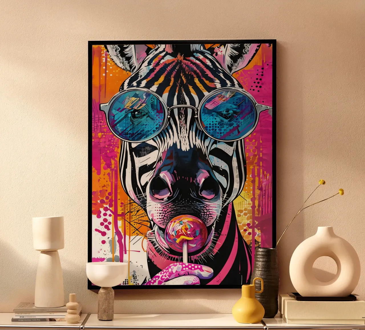 Zebra cool con lecca-lecca Pop Art poster con telaio in plastica da 🥝 KIWI STORE