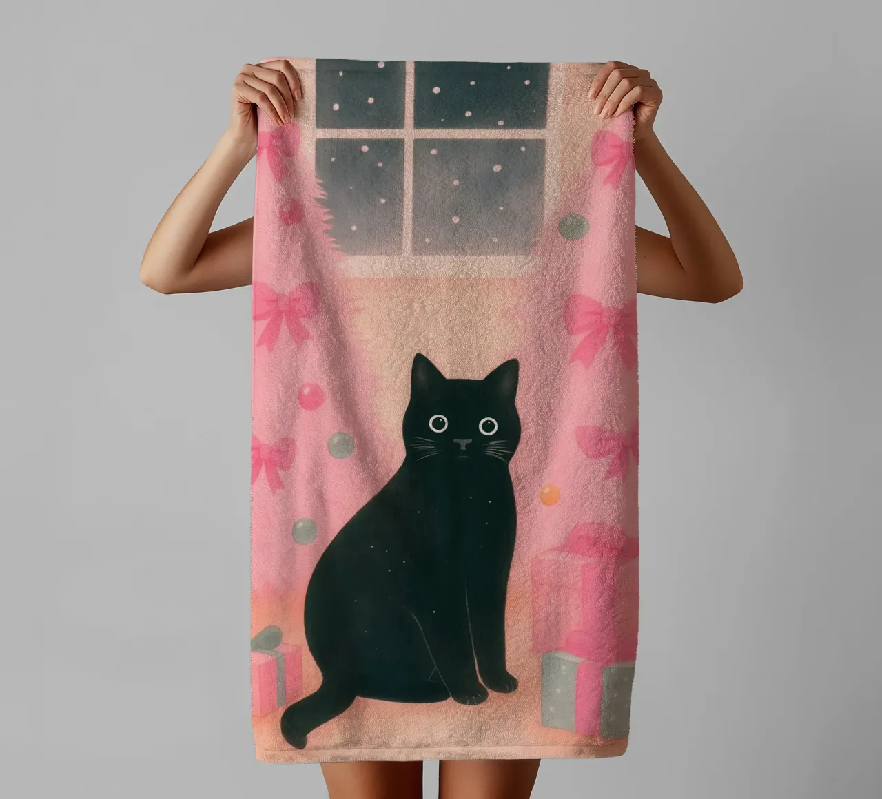 Zwarte kat en roze kerst kawaii gezellig kersttafereel badhanddoek van Gentle Echoes Art