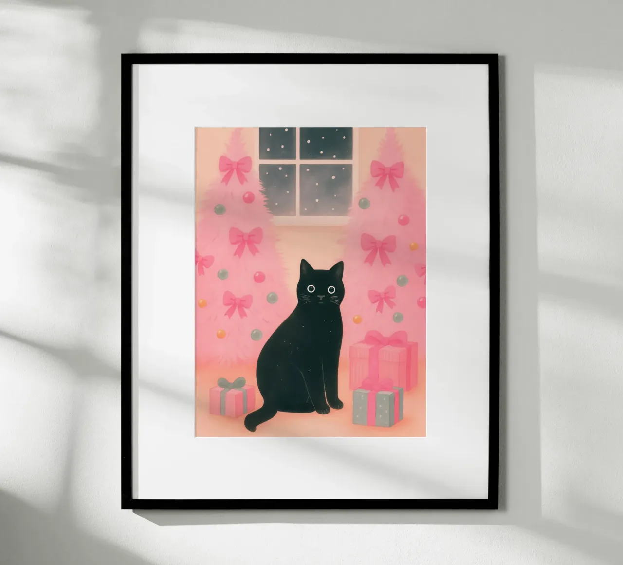 Gatto nero e rosa Natale Kawaii Scena di vacanza accogliente poster con telaio in alluminio da Gentle Echoes Art