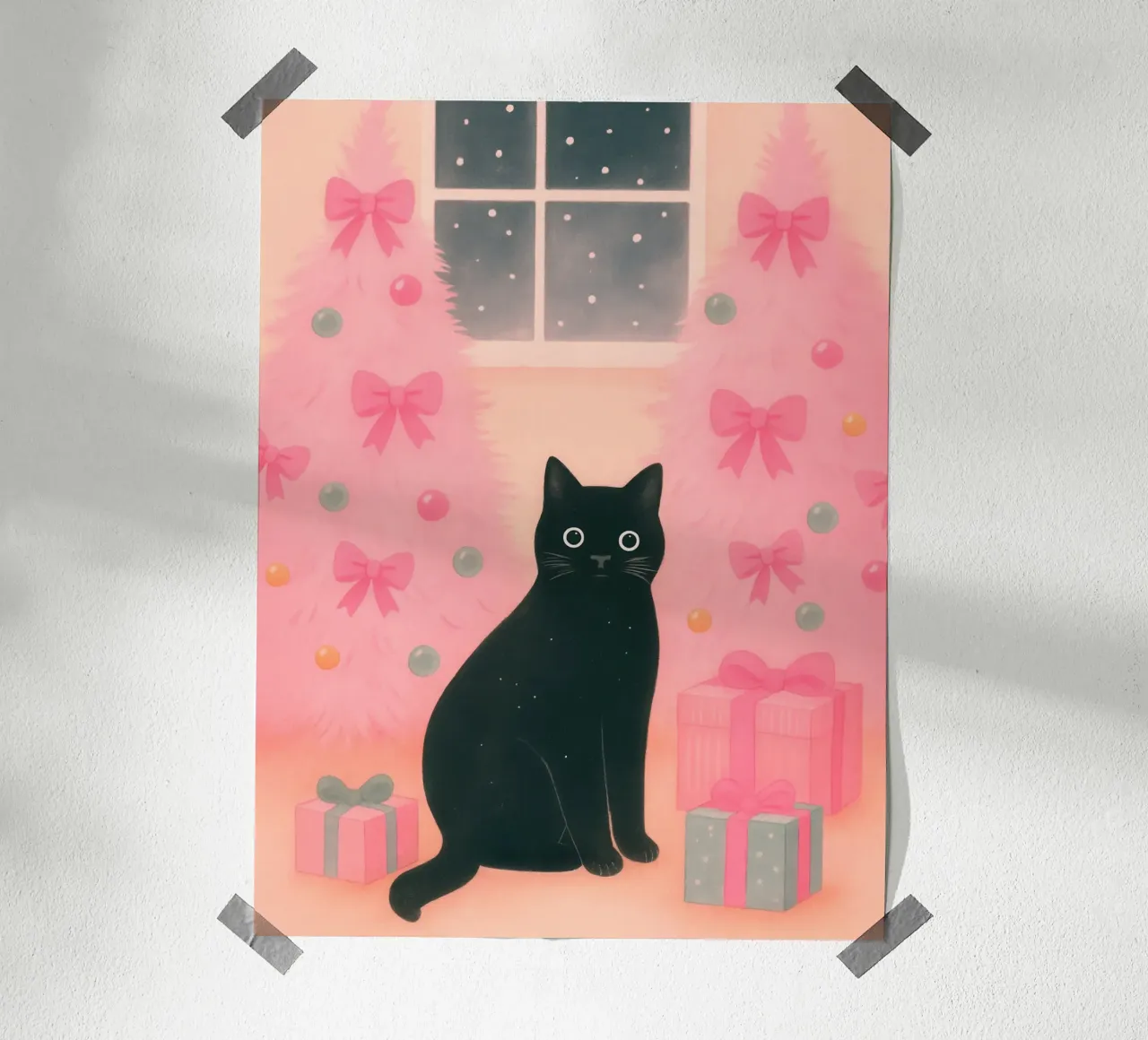 Gatto nero e rosa Natale Kawaii Scena di vacanza accogliente poster con telaio in alluminio da Gentle Echoes Art
