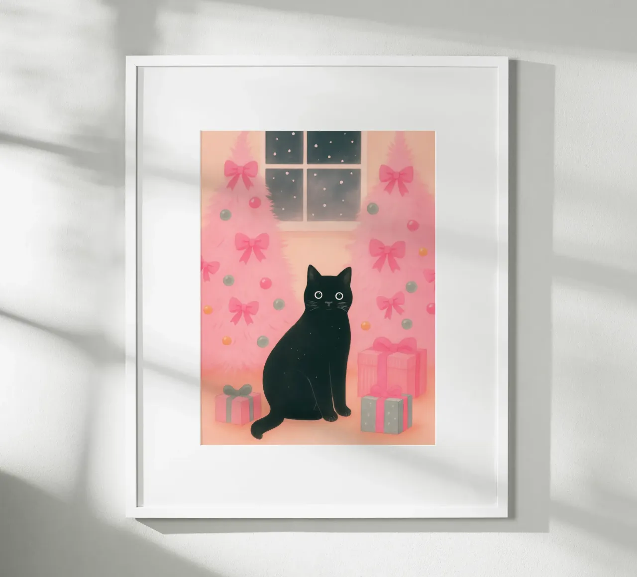 Gatto nero e rosa Natale Kawaii Scena di vacanza accogliente poster con telaio in alluminio da Gentle Echoes Art