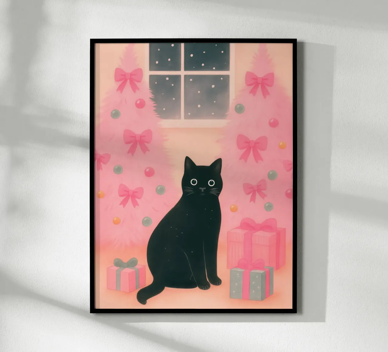 Gatto nero e rosa Natale Kawaii Scena di vacanza accogliente poster con telaio in alluminio da Gentle Echoes Art