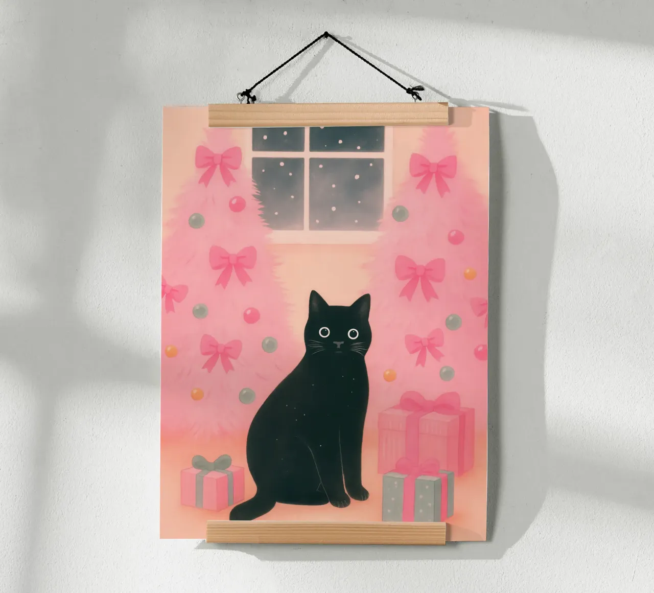 Gatto nero e rosa Natale Kawaii Scena di vacanza accogliente poster con telaio in alluminio da Gentle Echoes Art