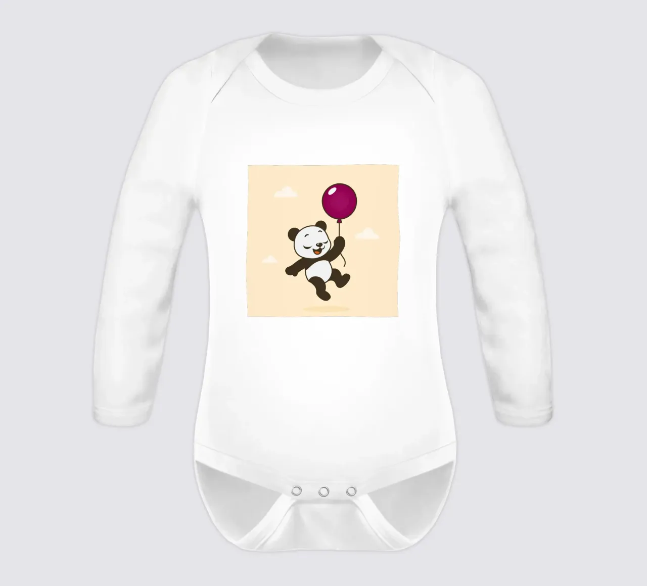Cheerful panda with balloon long-sleeve baby romper by namosh