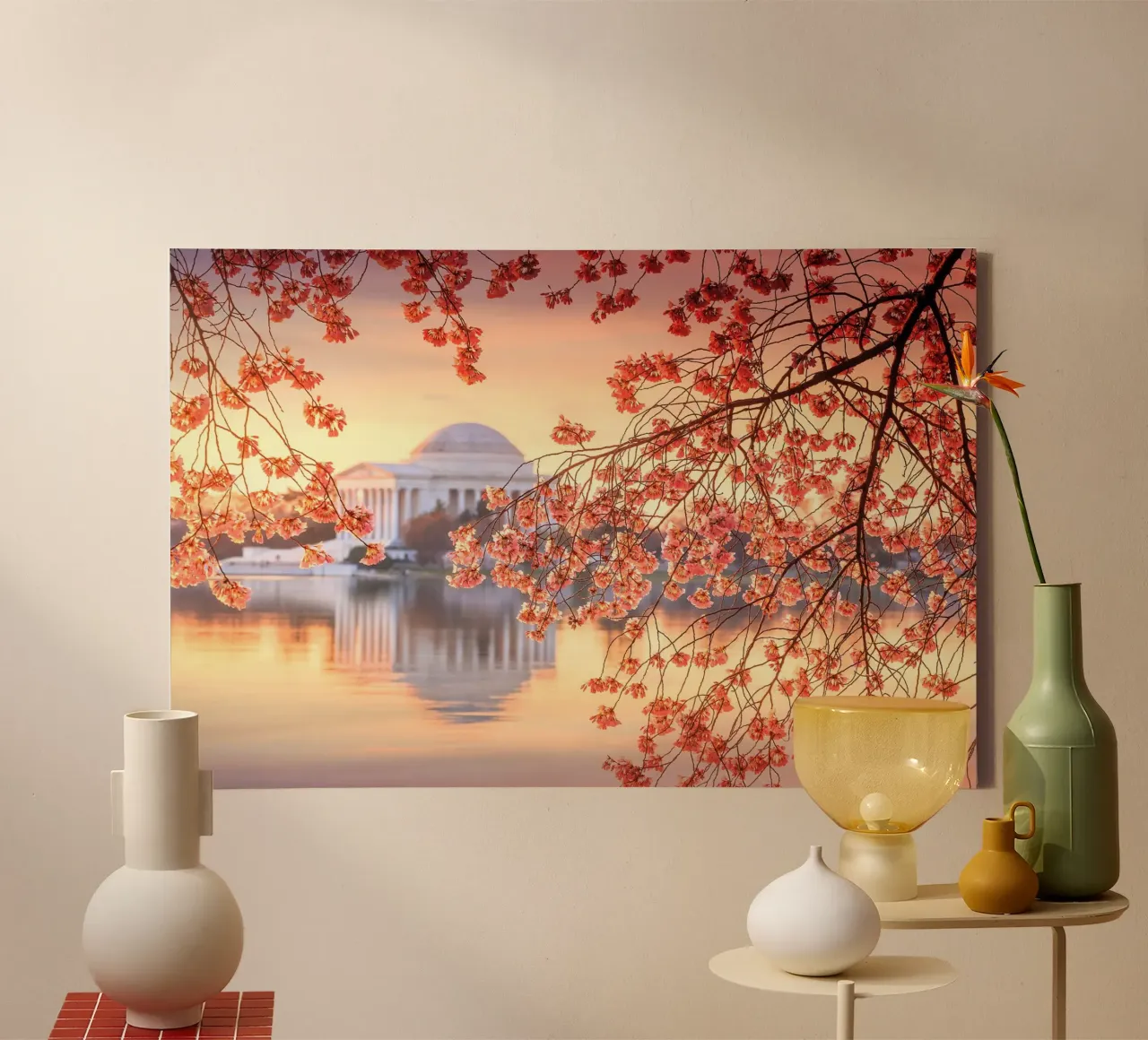 Fiori di ciliegio al Jefferson Memorial, Washington D.C. tela con Cornice a cassetta da Wanderlust Vibes