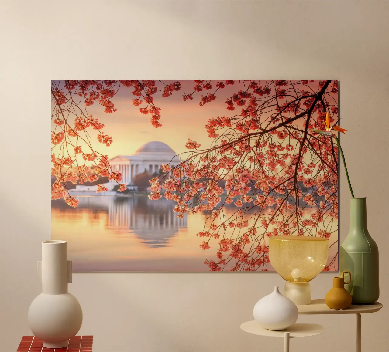 Fiori di ciliegio al Jefferson Memorial, Washington D.C. poster con telaio in alluminio da Wanderlust Vibes