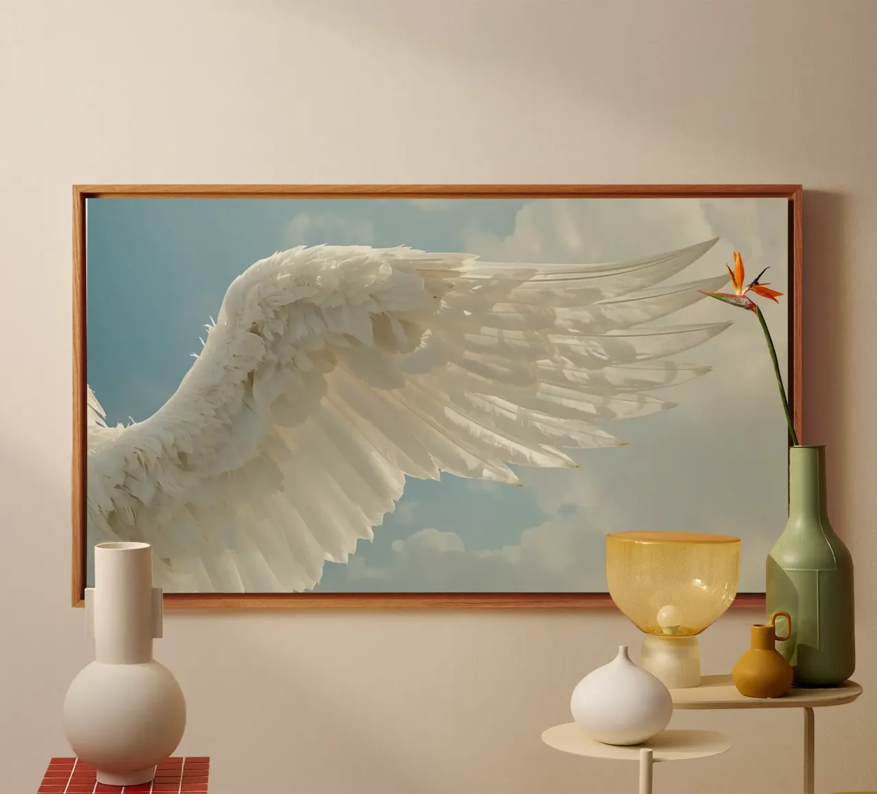 white bird wing against cloudy sky showing delicate feathers canvas with Floater frame by DesignDoodle