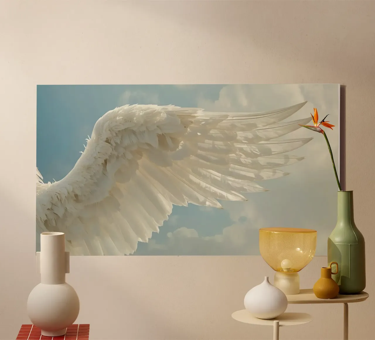 white bird wing against cloudy sky showing delicate feathers canvas with Floater frame by DesignDoodle