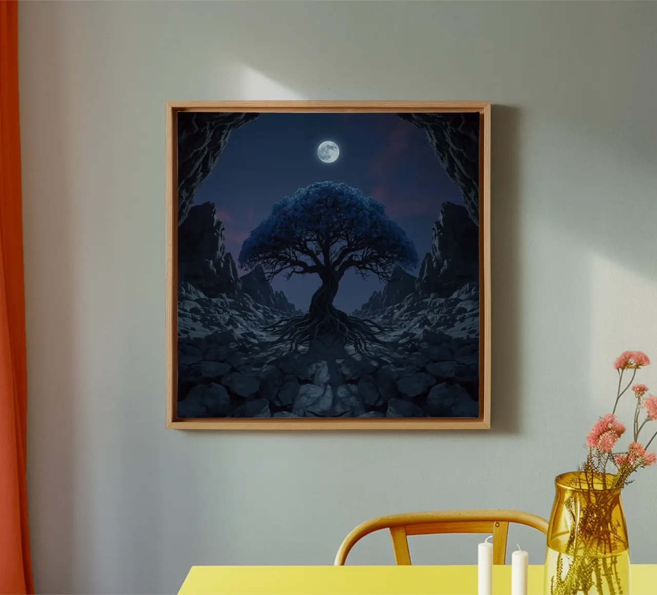Majestic tree illuminated under the full moon rocky area canvas with Floater frame by DesignDoodle