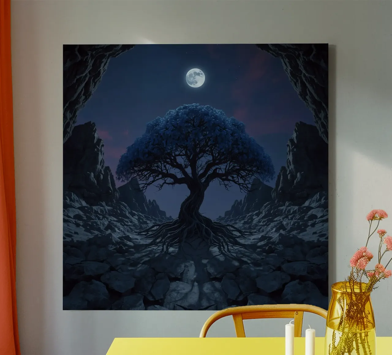 Majestic tree illuminated under the full moon rocky area canvas with Floater frame by DesignDoodle