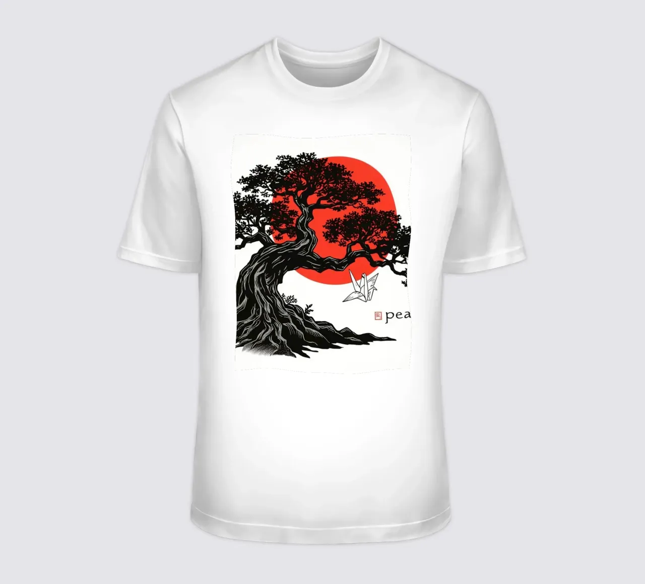 Rappresentazione artistica di un bonsai sotto un sole rosso t-shirt da DesignDoodle
