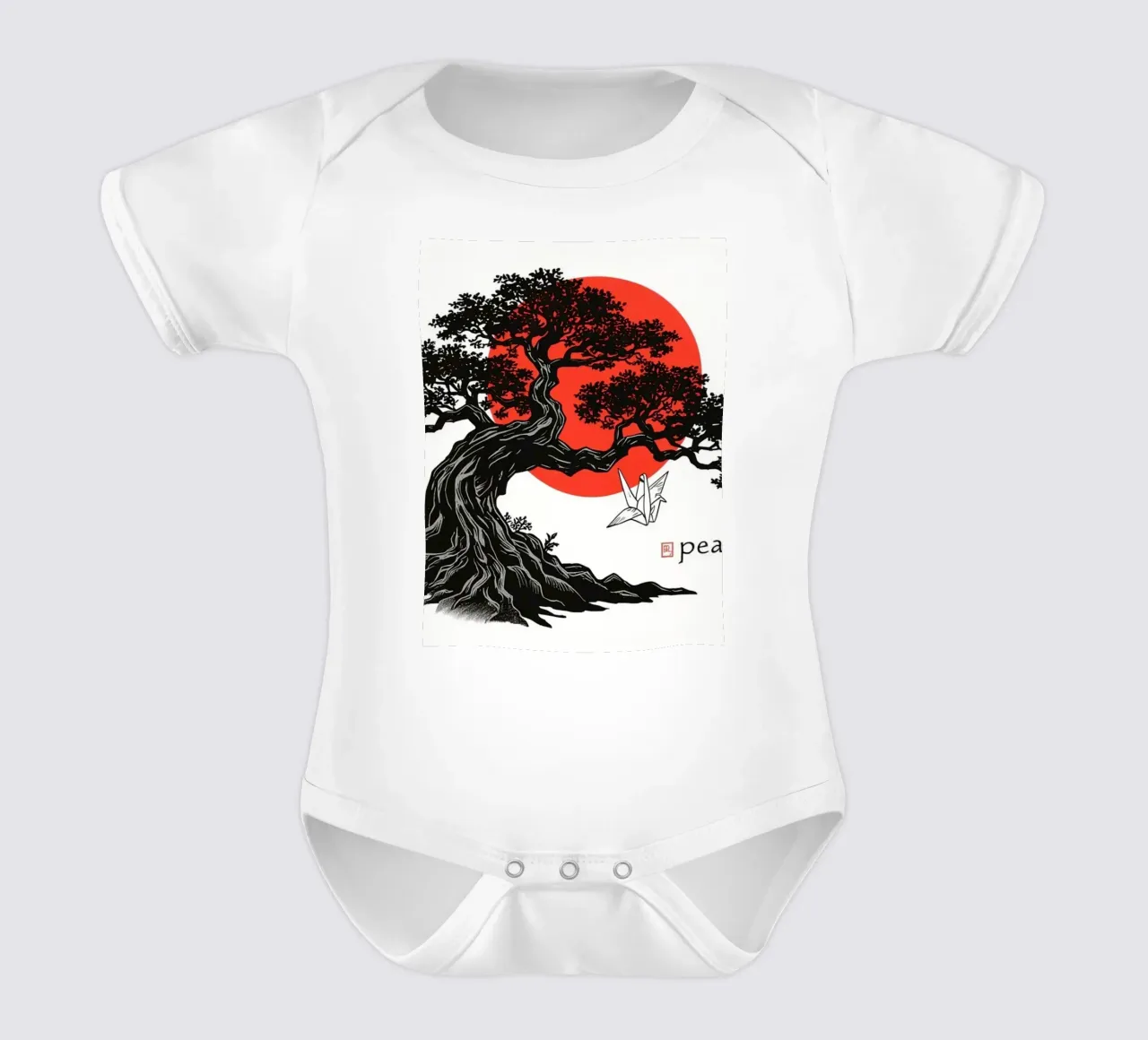 Rappresentazione artistica di un bonsai sotto un sole rosso body neonato maniche corte da DesignDoodle