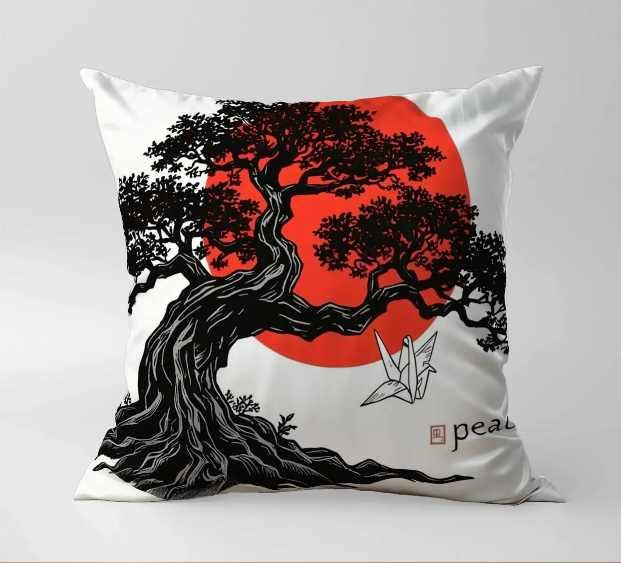 Rappresentazione artistica di un bonsai sotto un sole rosso cuscino da DesignDoodle