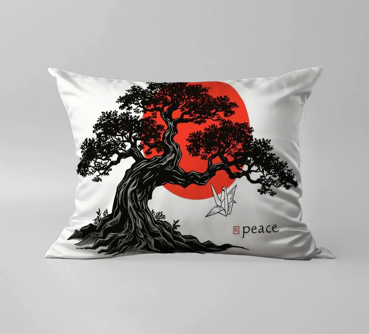 Rappresentazione artistica di un bonsai sotto un sole rosso cuscino da DesignDoodle