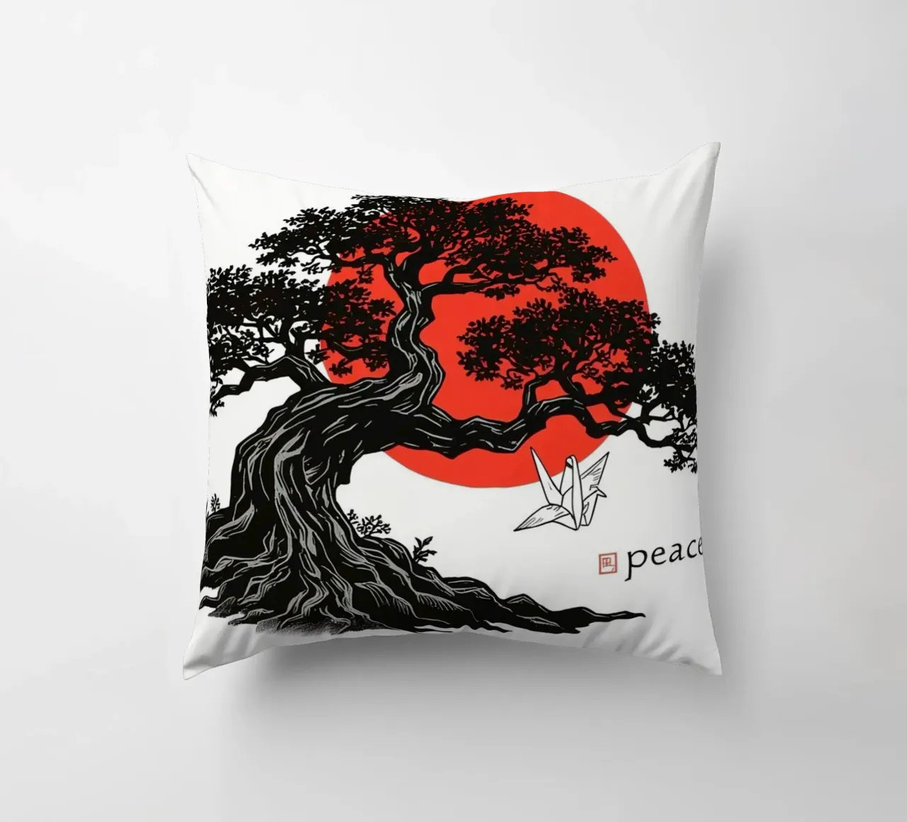 Rappresentazione artistica di un bonsai sotto un sole rosso cuscino da DesignDoodle