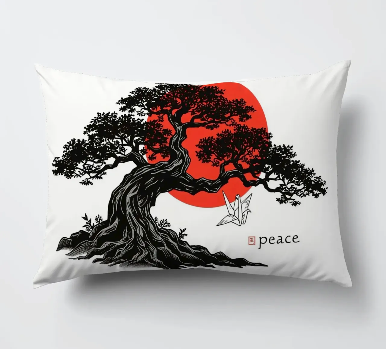 Rappresentazione artistica di un bonsai sotto un sole rosso cuscino da DesignDoodle