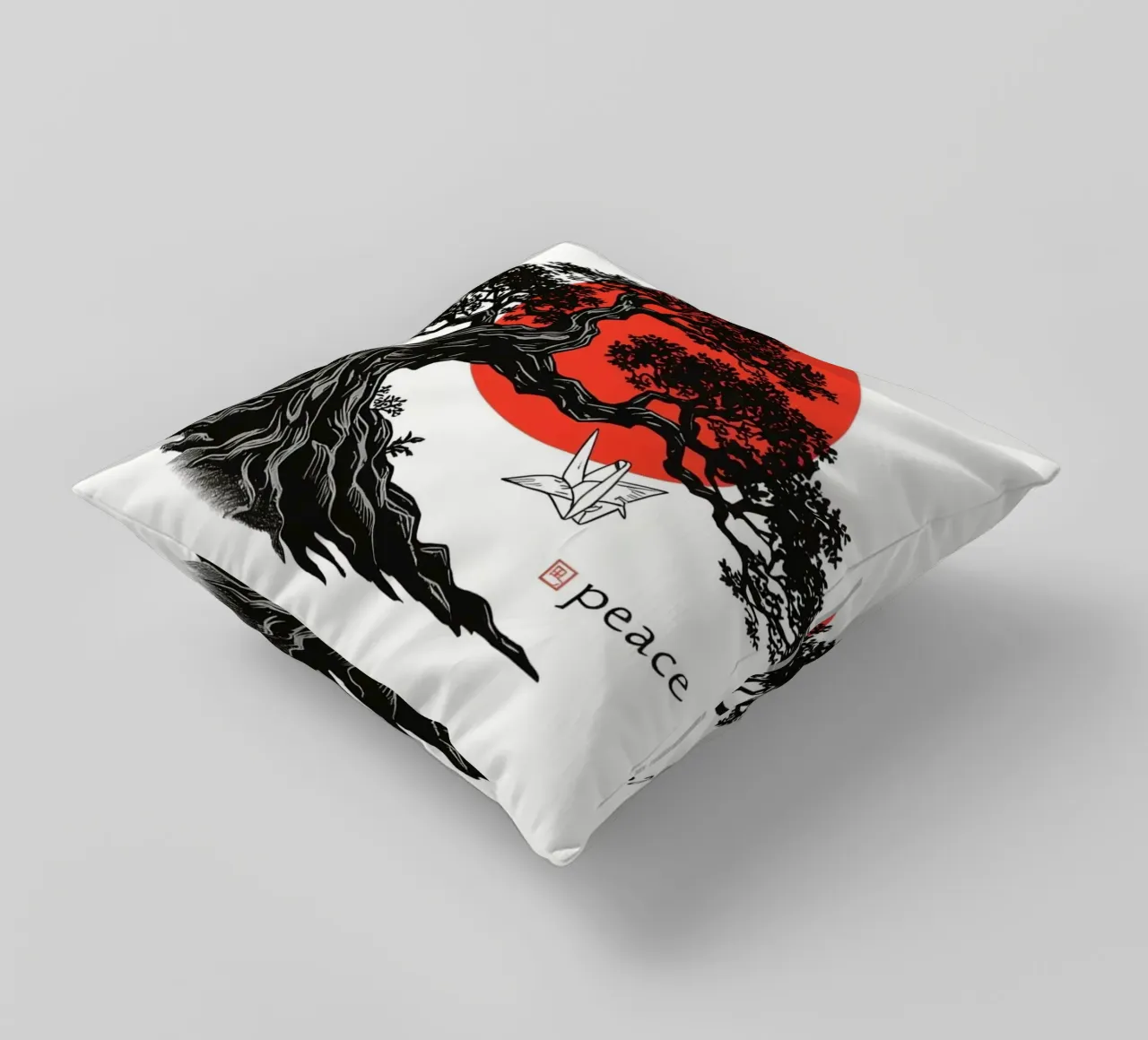 Rappresentazione artistica di un bonsai sotto un sole rosso cuscino da DesignDoodle