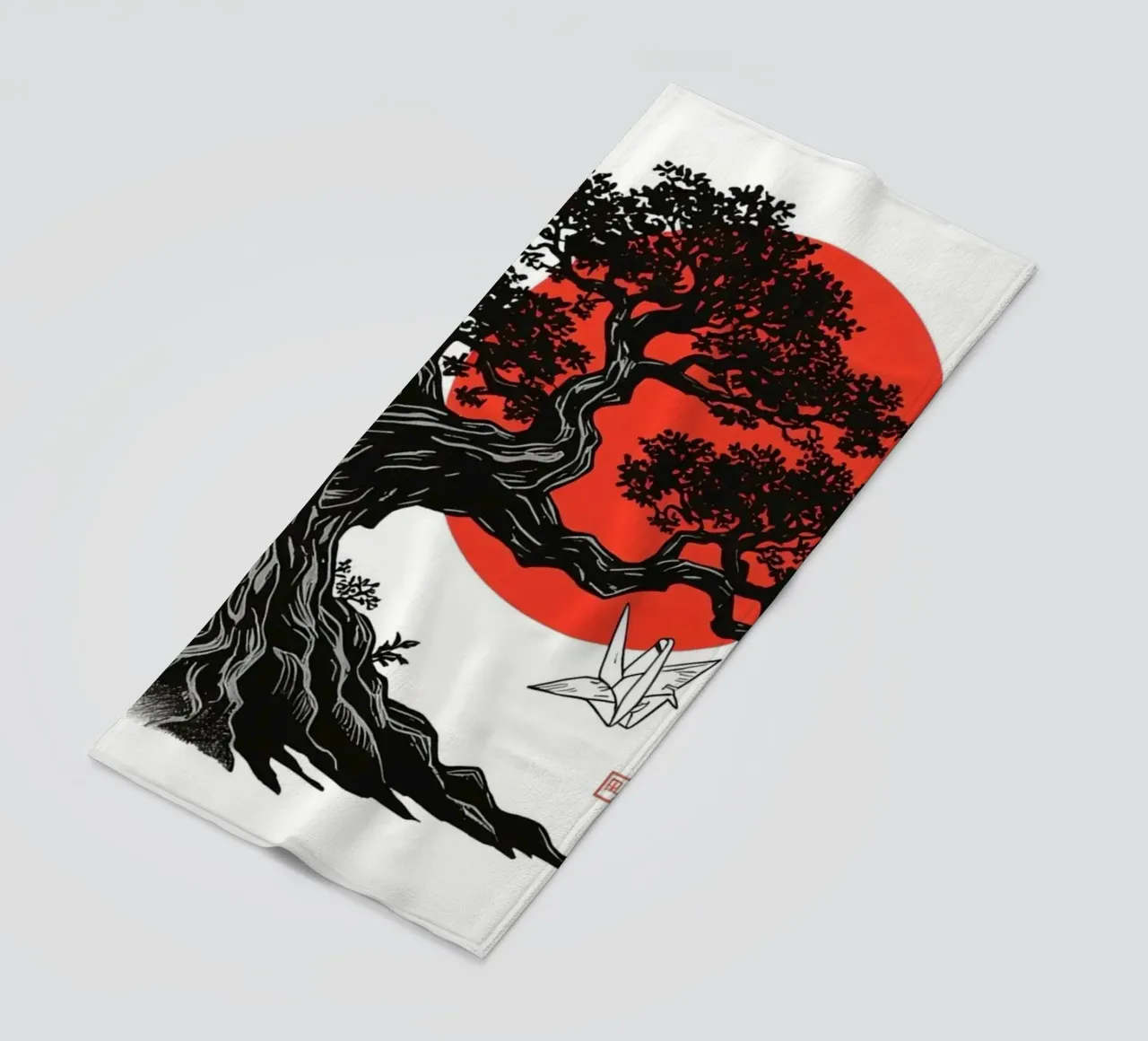 Rappresentazione artistica di un bonsai sotto un sole rosso telo mare da DesignDoodle