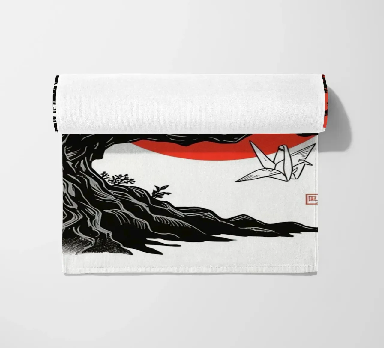 Rappresentazione artistica di un bonsai sotto un sole rosso telo mare da DesignDoodle