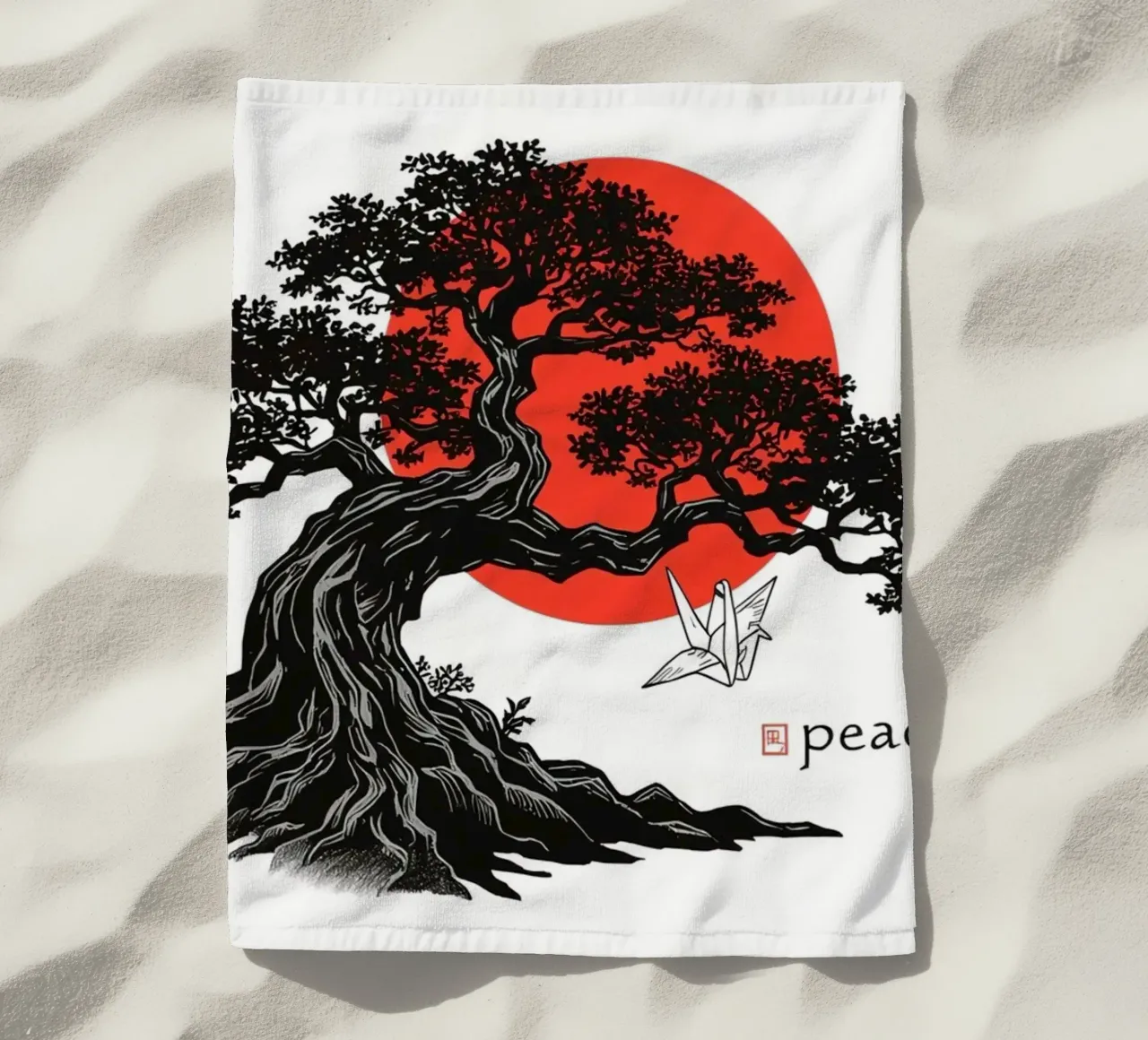 Rappresentazione artistica di un bonsai sotto un sole rosso telo mare da DesignDoodle