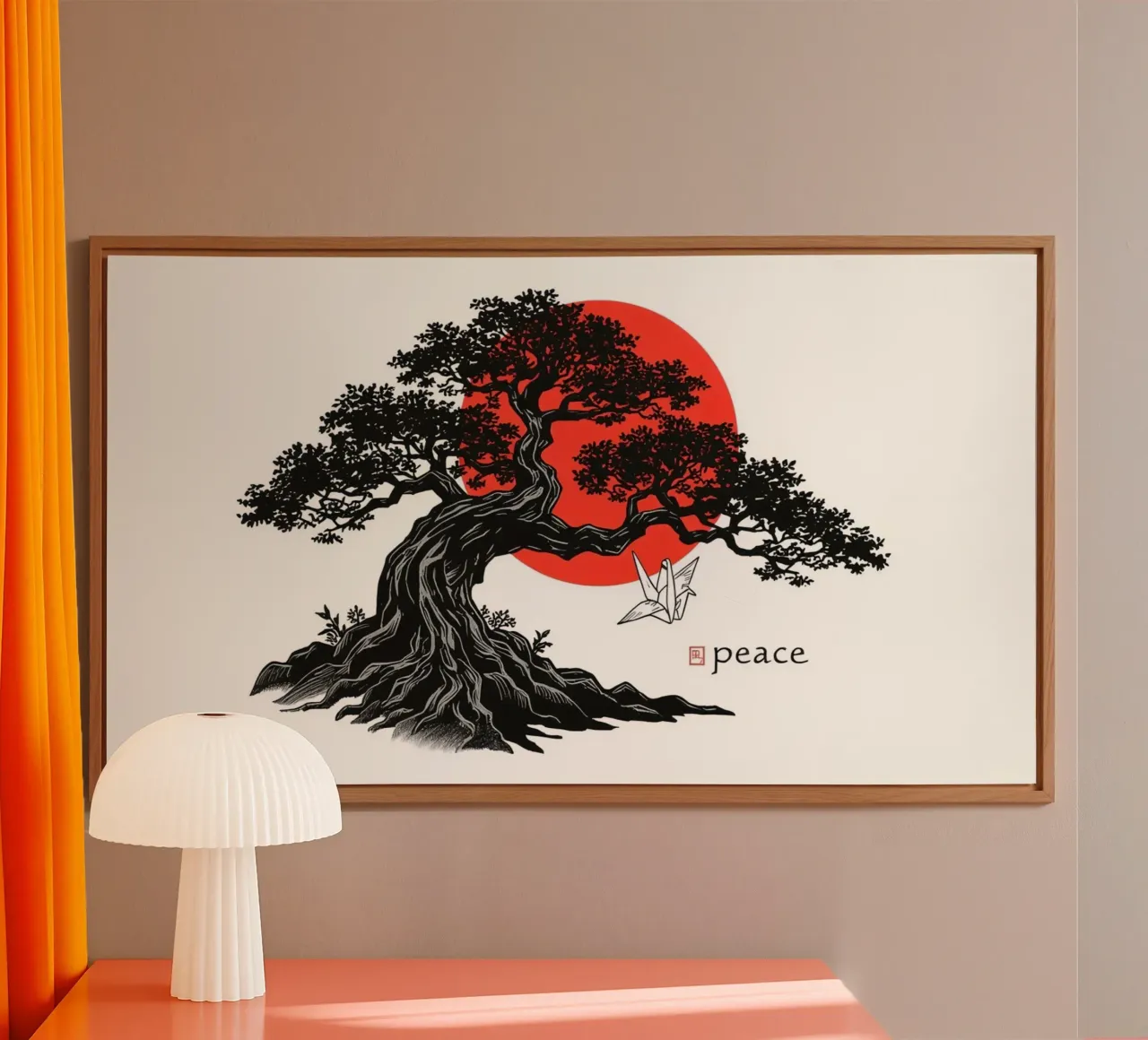 Rappresentazione artistica di un bonsai sotto un sole rosso alluminio dibond da DesignDoodle