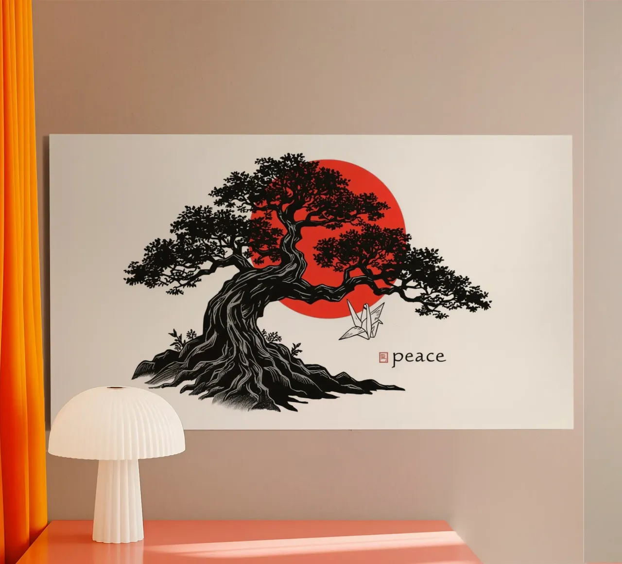 Rappresentazione artistica di un bonsai sotto un sole rosso alluminio dibond da DesignDoodle