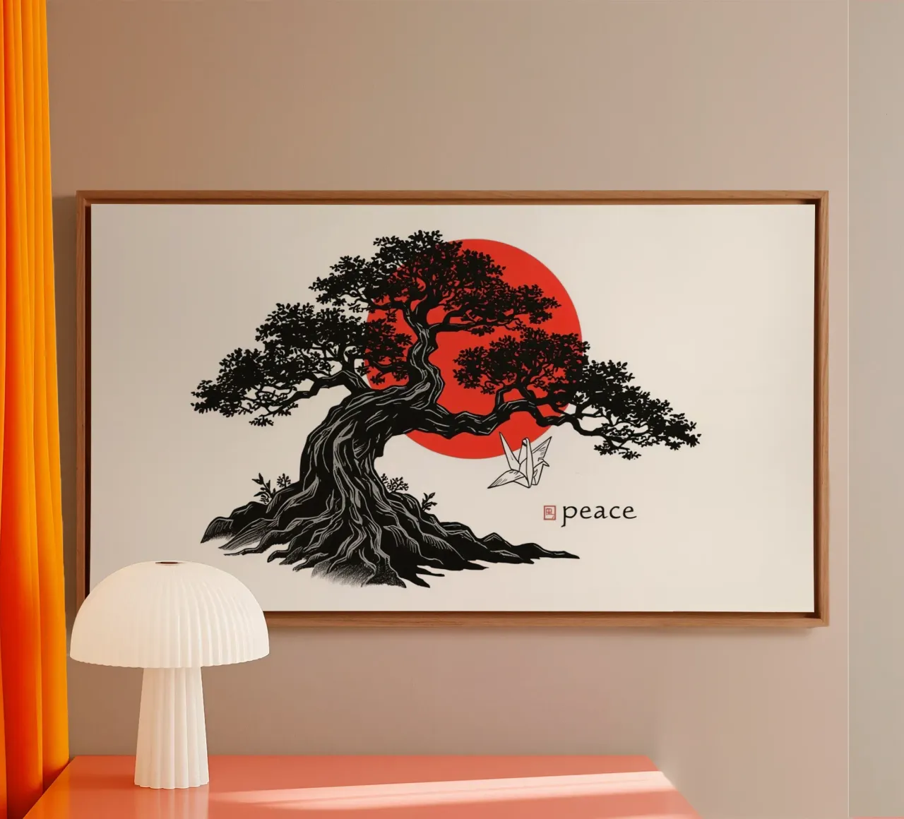 Artistic depiction of a bonsai tree under a red sun canvas with Floater frame by DesignDoodle