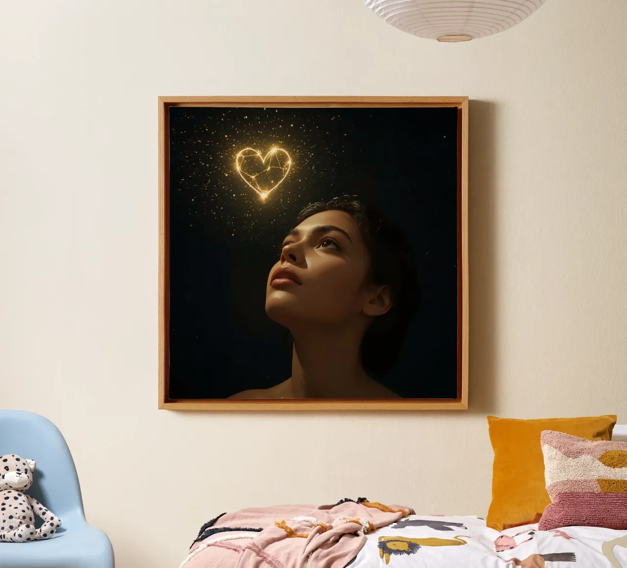 Frau, die nach oben blickt, während sie von funkelnden Lichtern umgeben ist Leinwand mit Schattenfugenrahmen von DesignDoodle