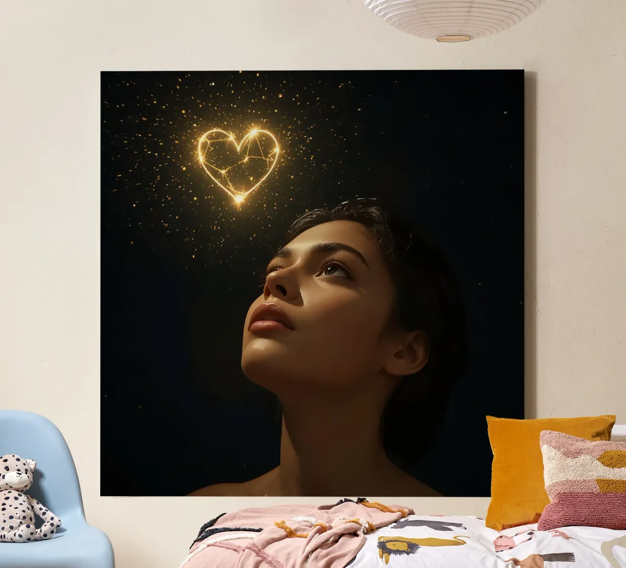 Frau, die nach oben blickt, während sie von funkelnden Lichtern umgeben ist Leinwand mit Schattenfugenrahmen von DesignDoodle