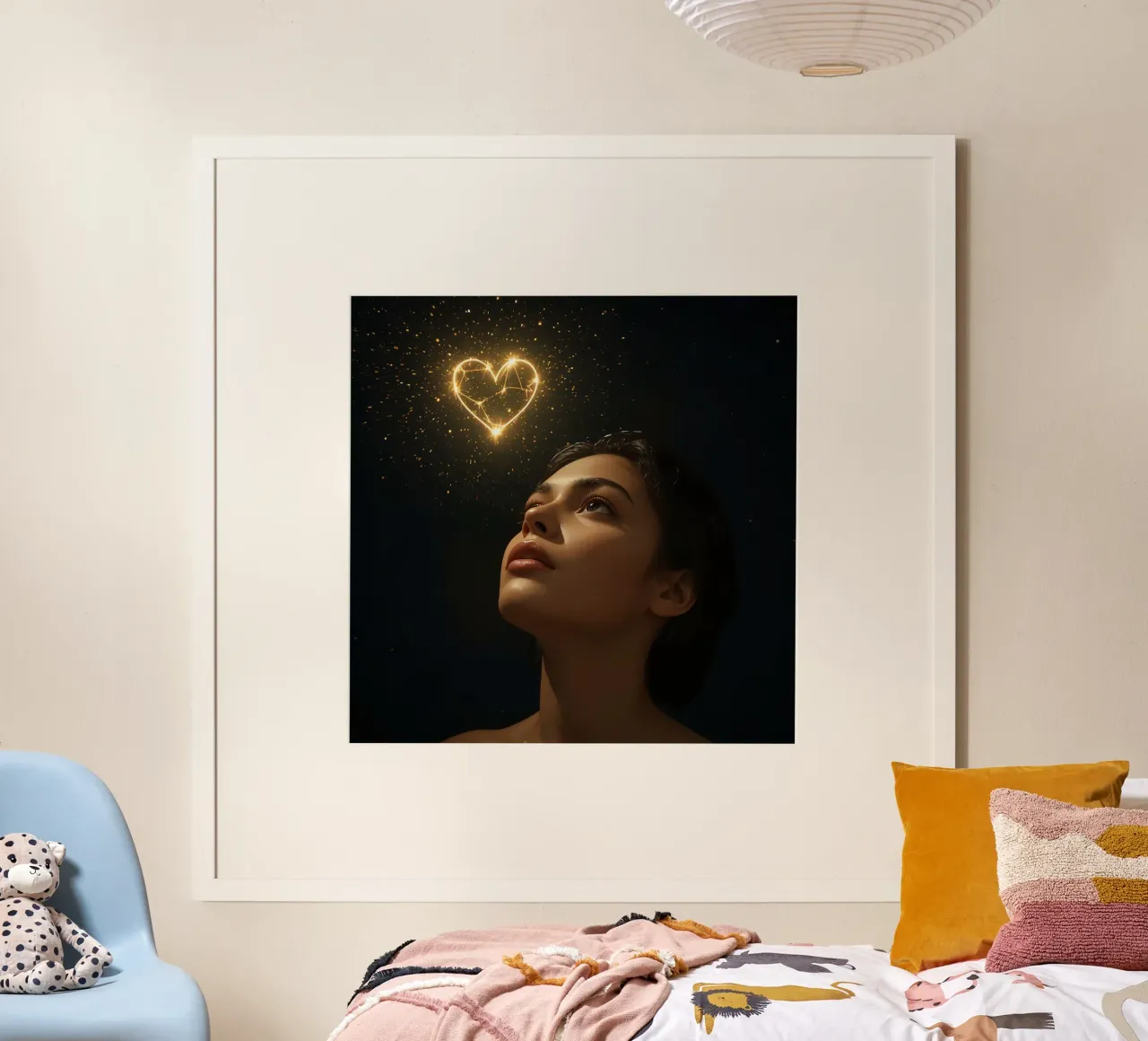 Woman gazing upwards while surrounded by sparkling lights poster with plastic frame by DesignDoodle