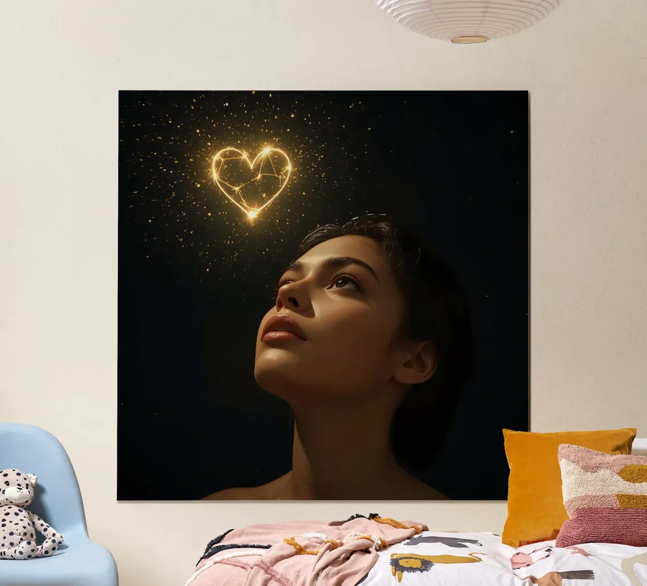 Woman gazing upwards while surrounded by sparkling lights poster with plastic frame by DesignDoodle