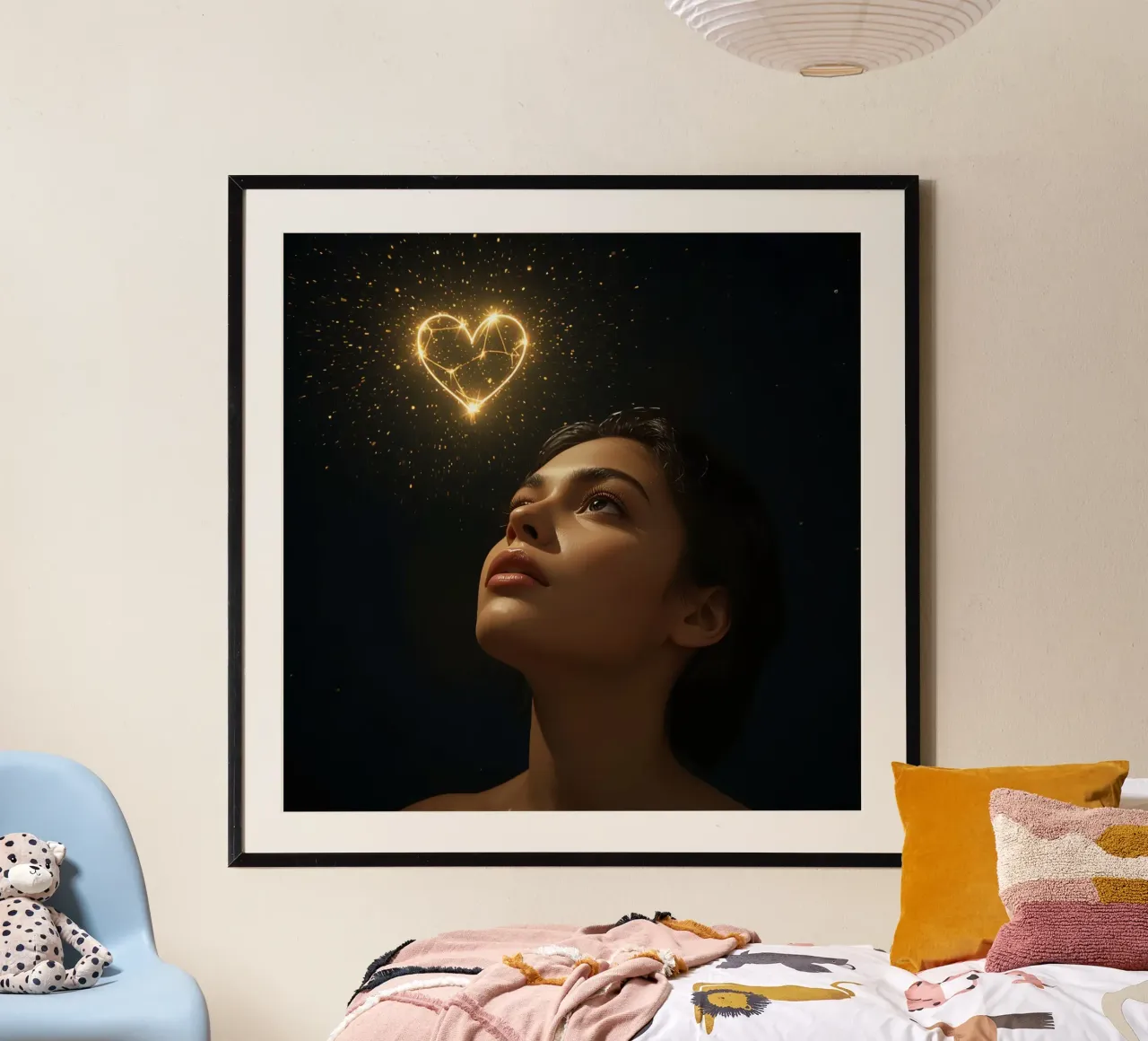 Woman gazing upwards while surrounded by sparkling lights poster with plastic frame by DesignDoodle