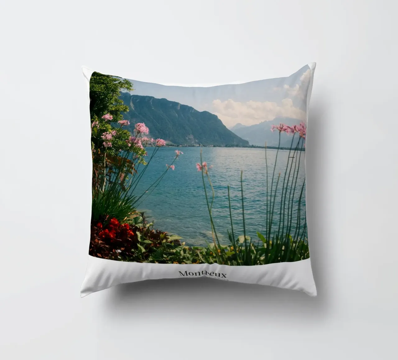 Montreux: Switzerland decorative cushion by FujiFrames