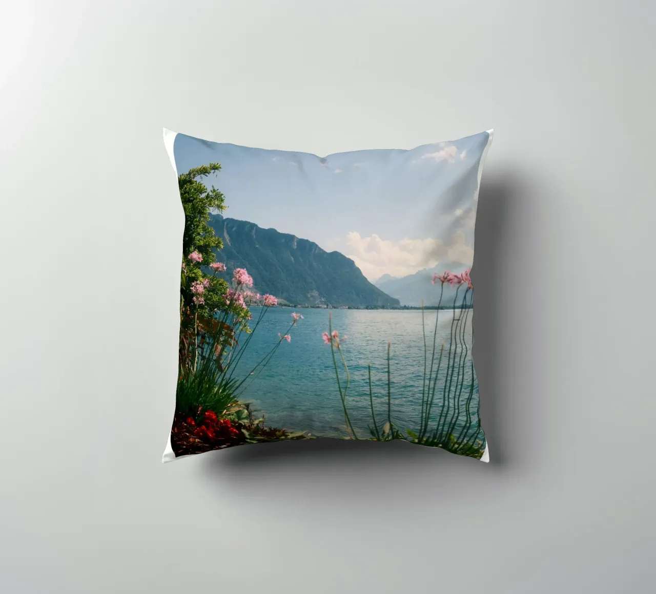 Montreux: Switzerland decorative cushion by FujiFrames