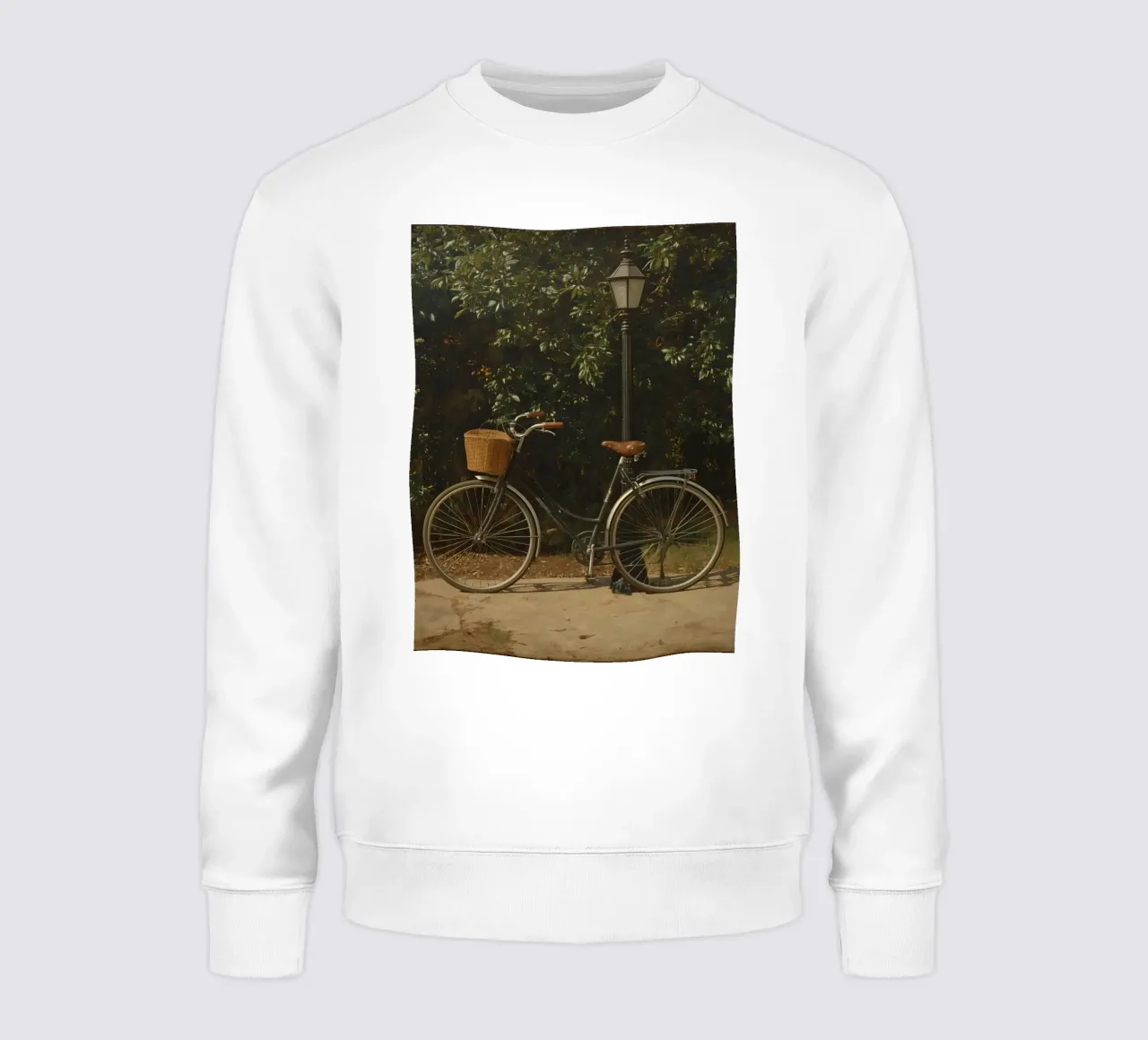 Bicicletta d'epoca parcheggiata accanto a un lampione in un lussureggiante spazio all'aperto felpa da DesignDoodle