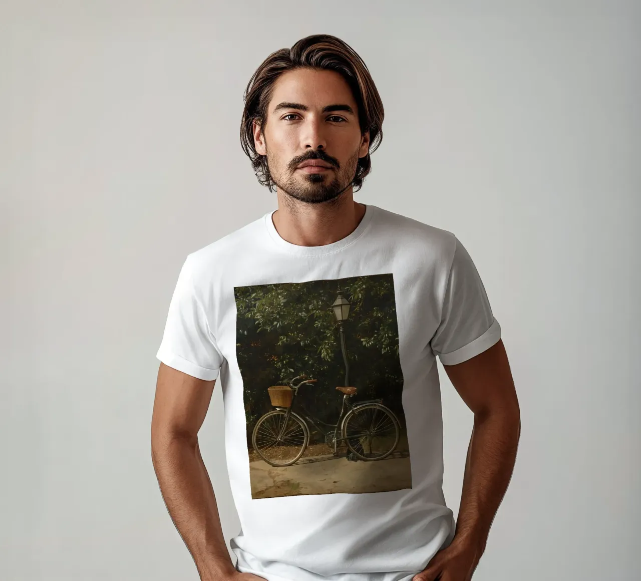 Bicicletta d'epoca parcheggiata accanto a un lampione in un lussureggiante spazio all'aperto t-shirt da DesignDoodle