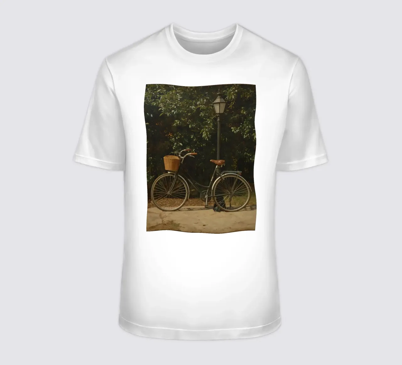 Bicicletta d'epoca parcheggiata accanto a un lampione in un lussureggiante spazio all'aperto t-shirt da DesignDoodle